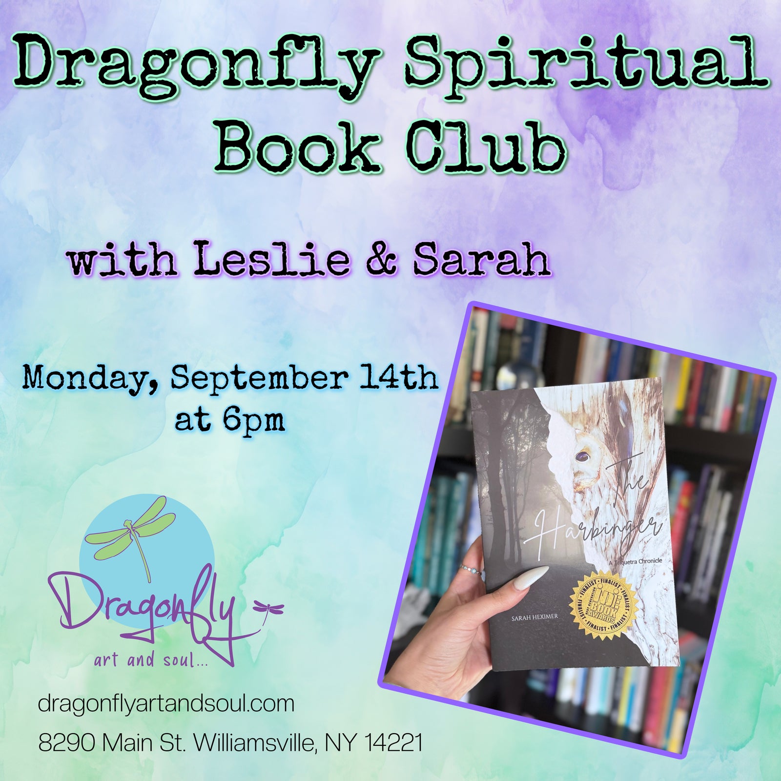 Promotional flyer for Dragonfly Spiritual Book Club with picture of book and event details on a watercolor background.