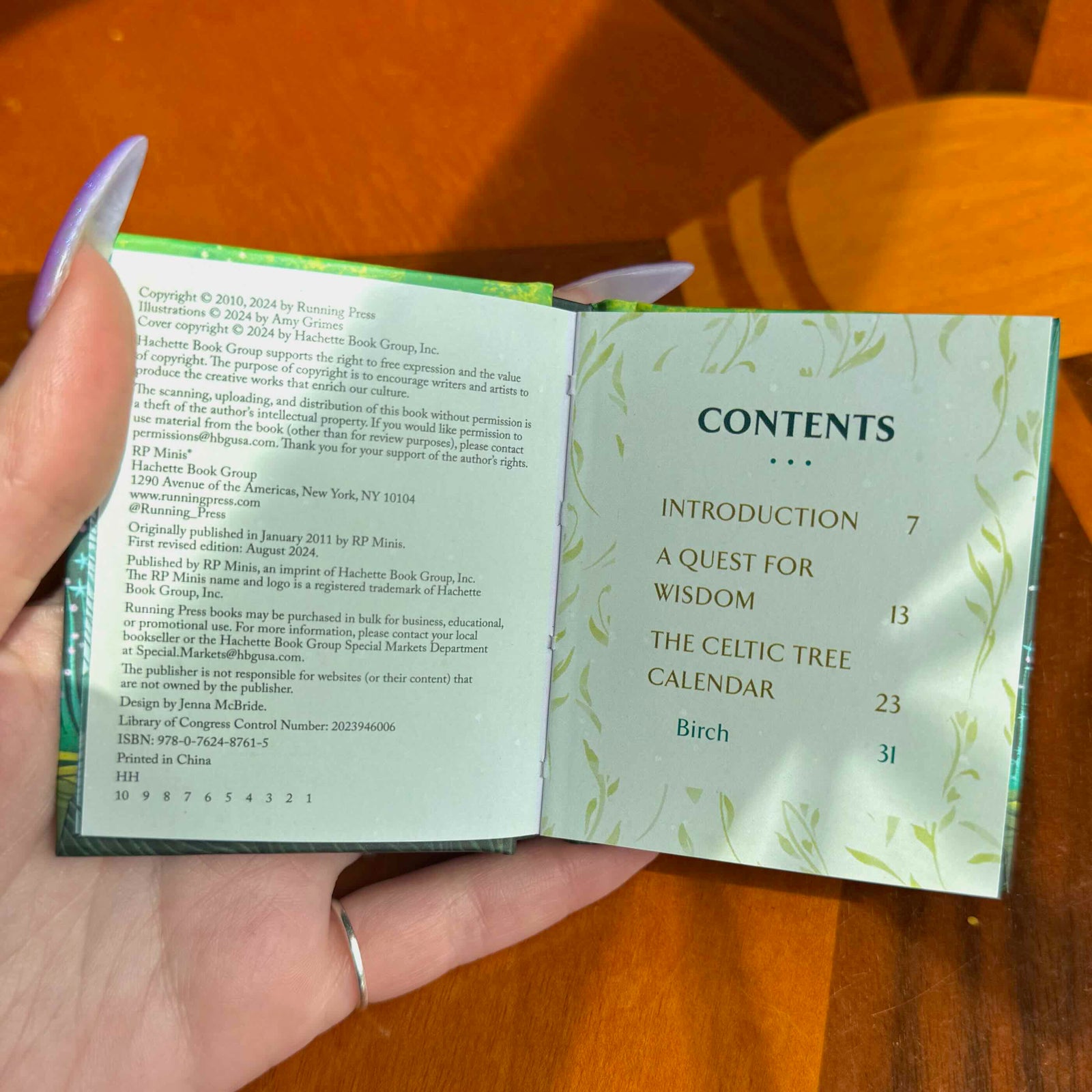Hand holding a small green book labeled 'Celtic Astrology' on a wooden surface