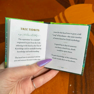 Hand holding a small open book with text on a wooden surface