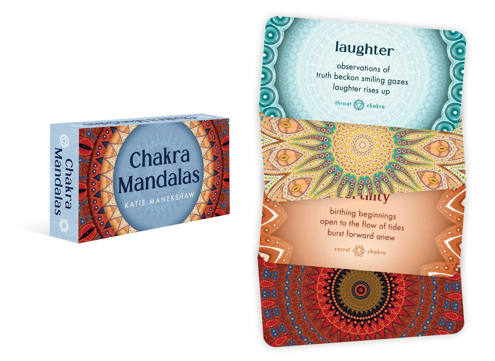 Chakra Mandalas mini deck By Katie Manekshaw Four Chakra Mandalas cards fan out from a box, each with colorful mandalas and titles like “sunshine” and “grounding.”