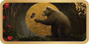 Bear interacting with a butterfly in a forest setting with flowers and a decorative border.