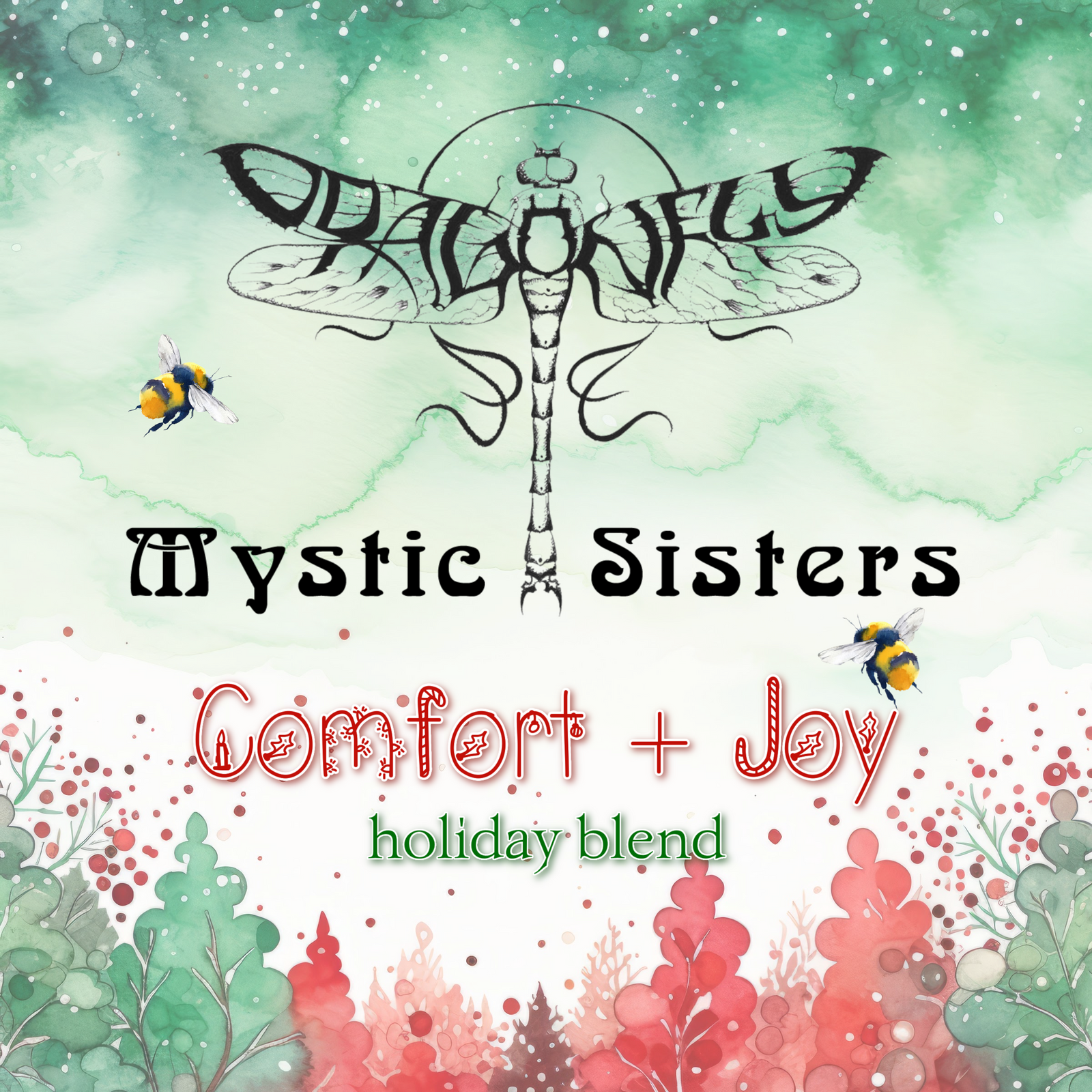 Tea cup with festive design on a wooden table next to a bag of 'Mystic Sisters' tea.