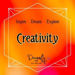 Bold orange and red label with text: “Creativity – Inspire, Dream, Explore” and Dragonfly art and soul branding.