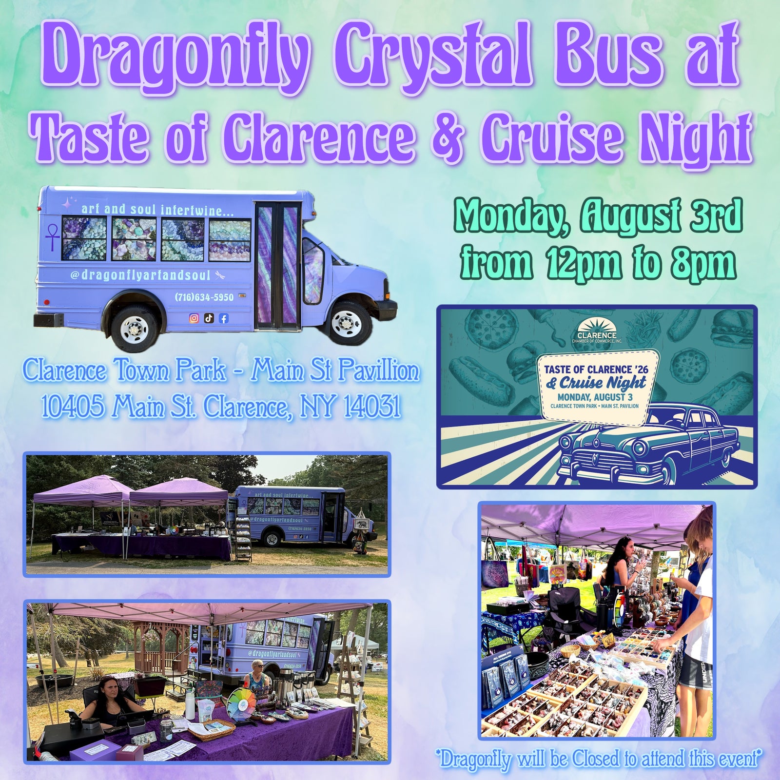 Promotional flyer for Dragonfly Crystal Bus event at Taste of Clarence & Cruise Night.