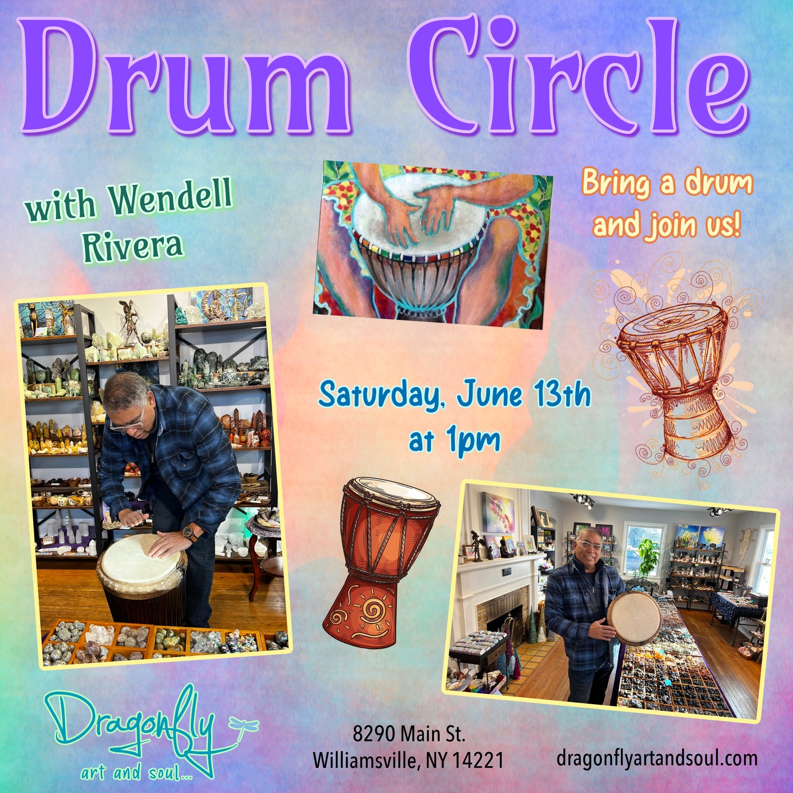 Promotional flyer for a Drum Circle event with Wendell Rivera, featuring images of people playing drums and text about the event details.