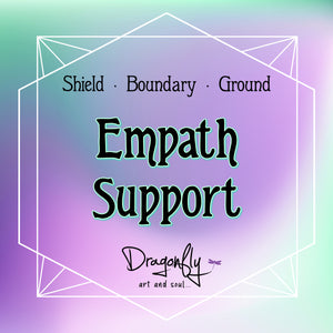 Lavender-green gradient label reading “Empath Support – Shield, Boundary, Ground” with Dragonfly branding.