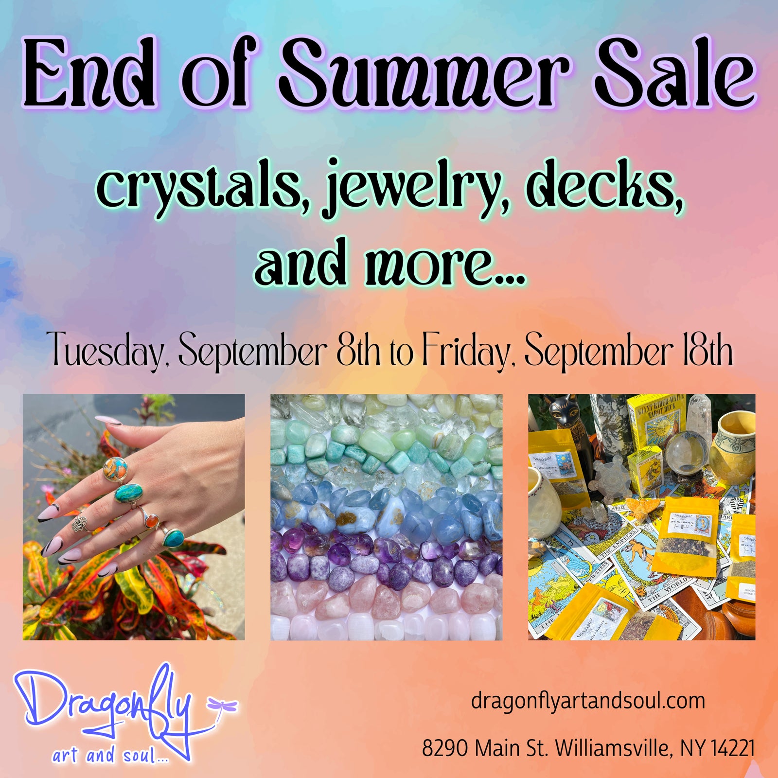 Promotional flyer for end of summer sale, featuring images of rings, tarot cards, and gem stones. With a watercolor orange and teal background 