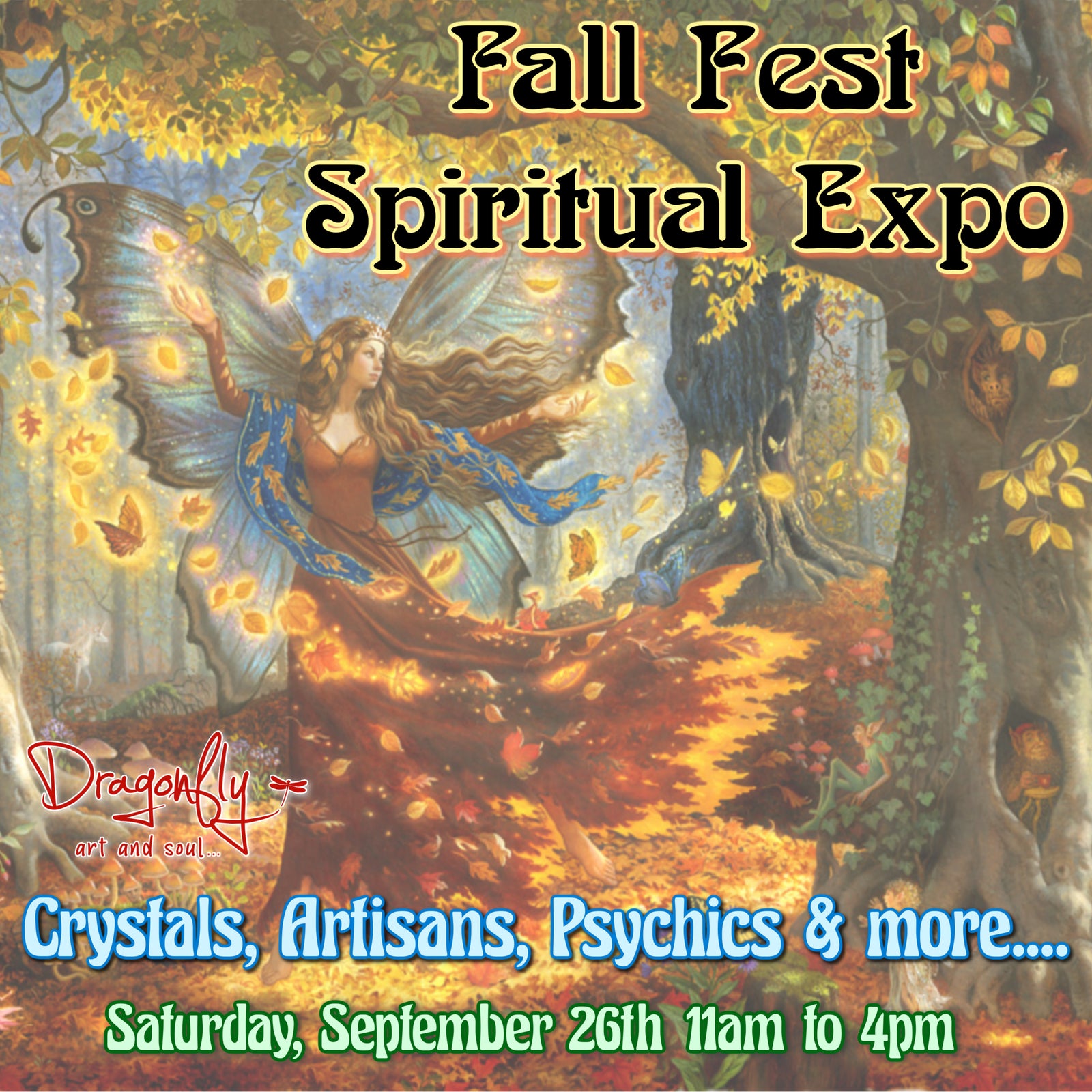 Promotional flyer for Fall Fest Spiritual Expo, featuring an illustration of a winged fairy in an autumn forest.