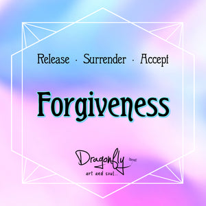 Soft pink and blue label says 'Forgiveness – Release · Surrender · Accept'.