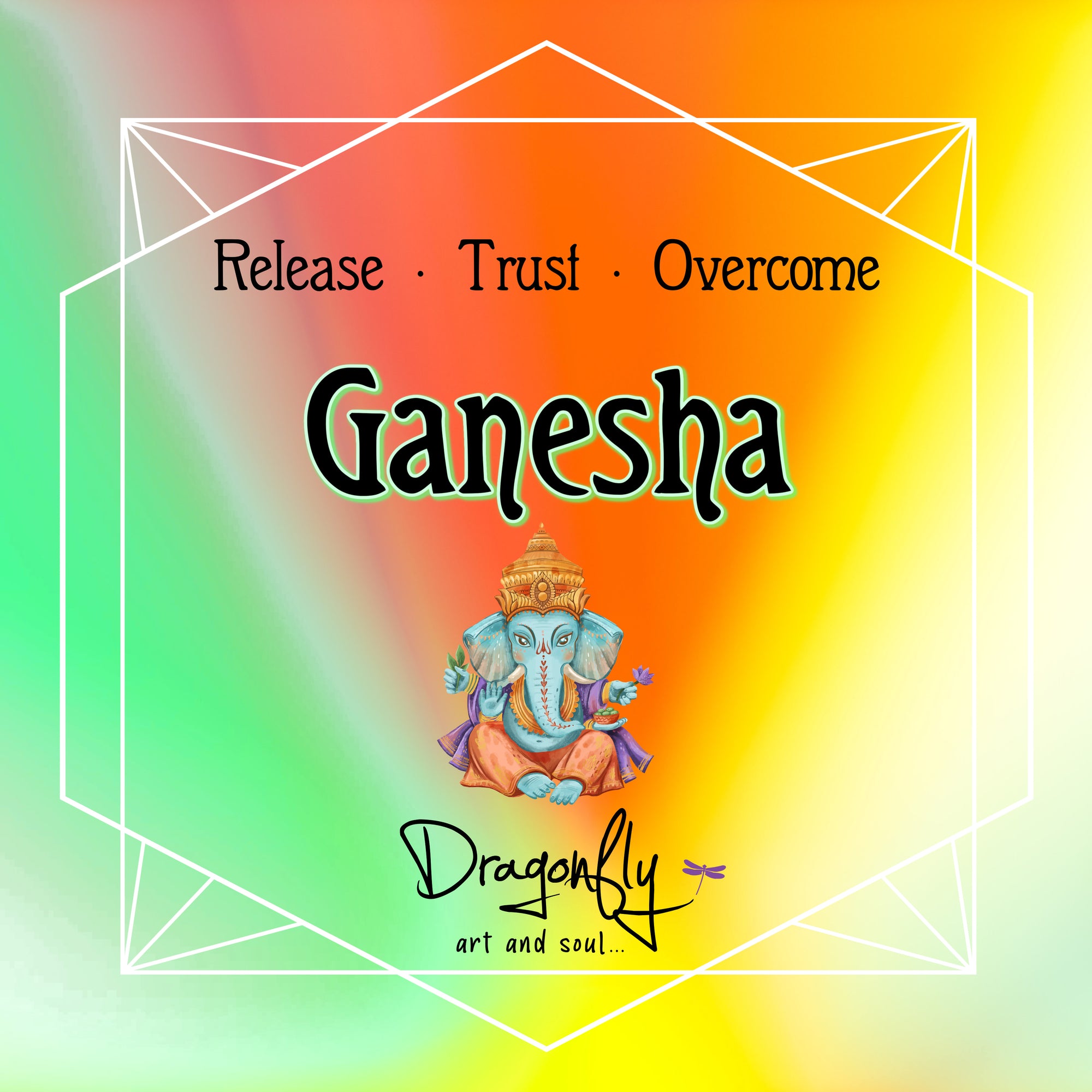 Colorful background with 'Ganesha – Release · Trust · Overcome' and illustration of Ganesha.