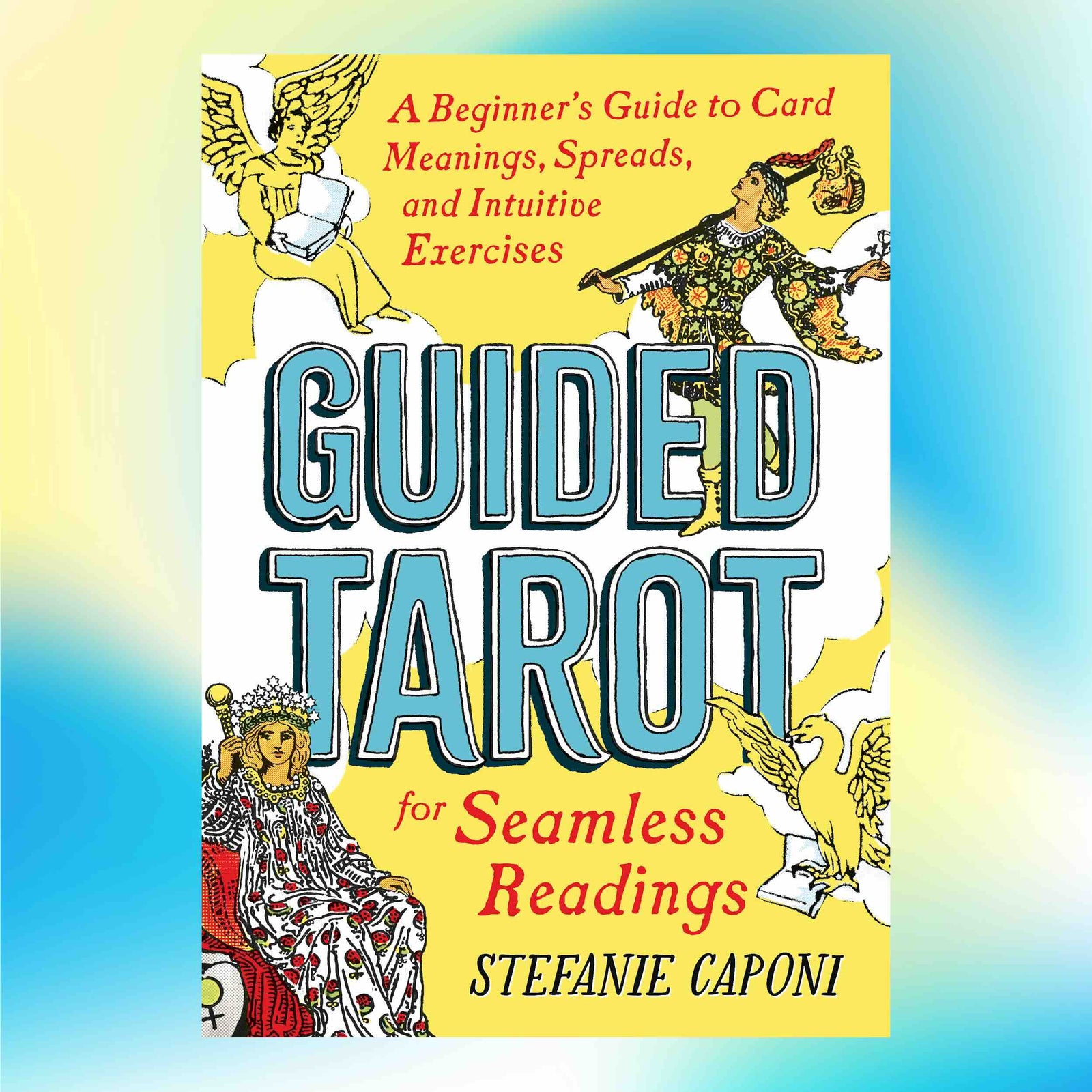 Book cover of 'Guided Tarot' with tarot card illustrations on a gradient background