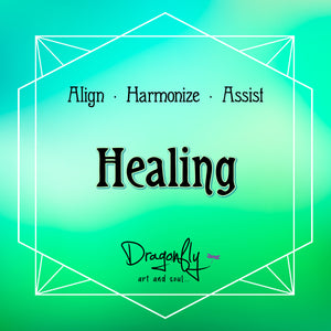 Green-toned label reads 'Healing – Align · Harmonize · Assist'. Dragonfly logo at the bottom