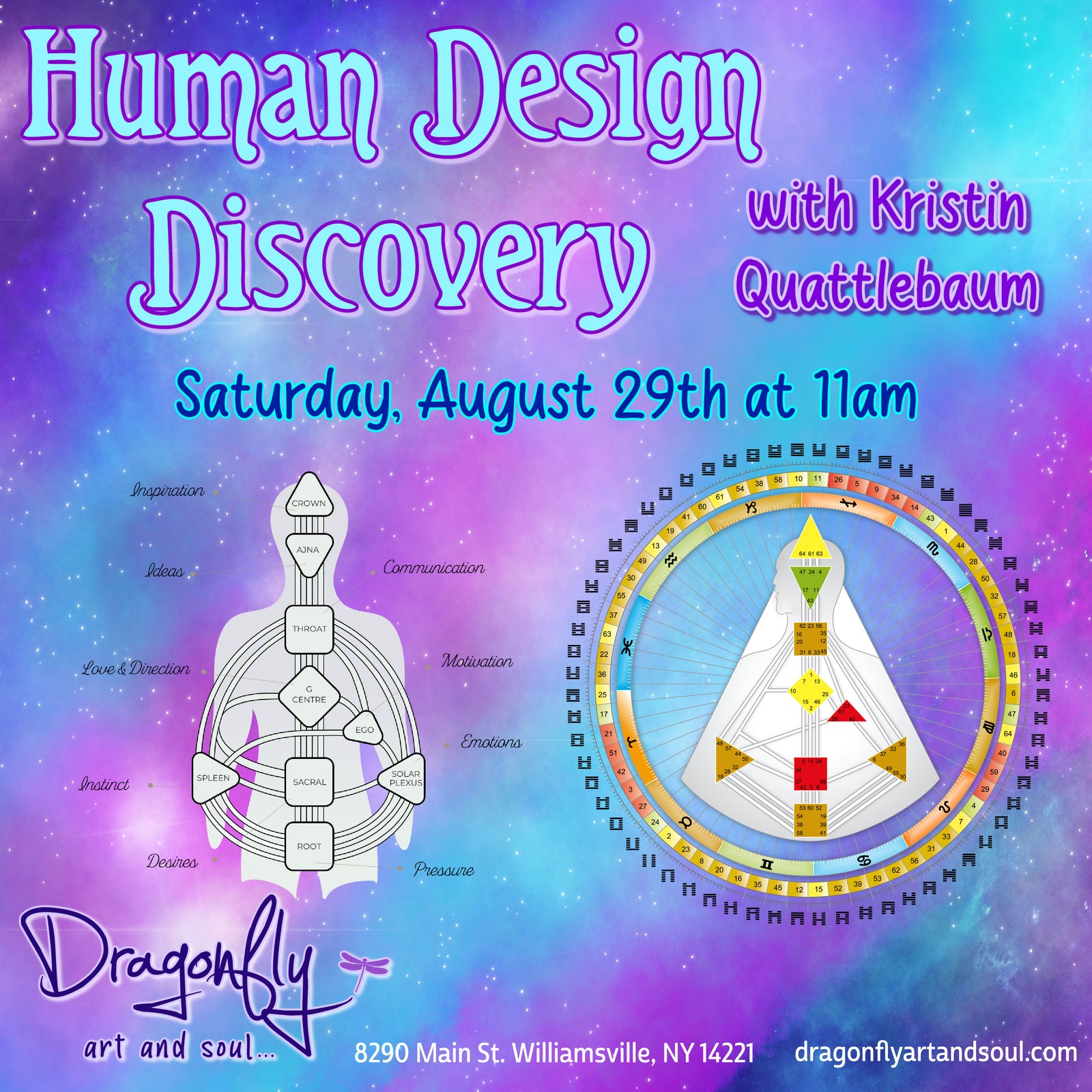 A colorful promotional flyer for an event titled 'Human Design Discovery with a vibrant purple and blue cosmic background and a human design diagram.