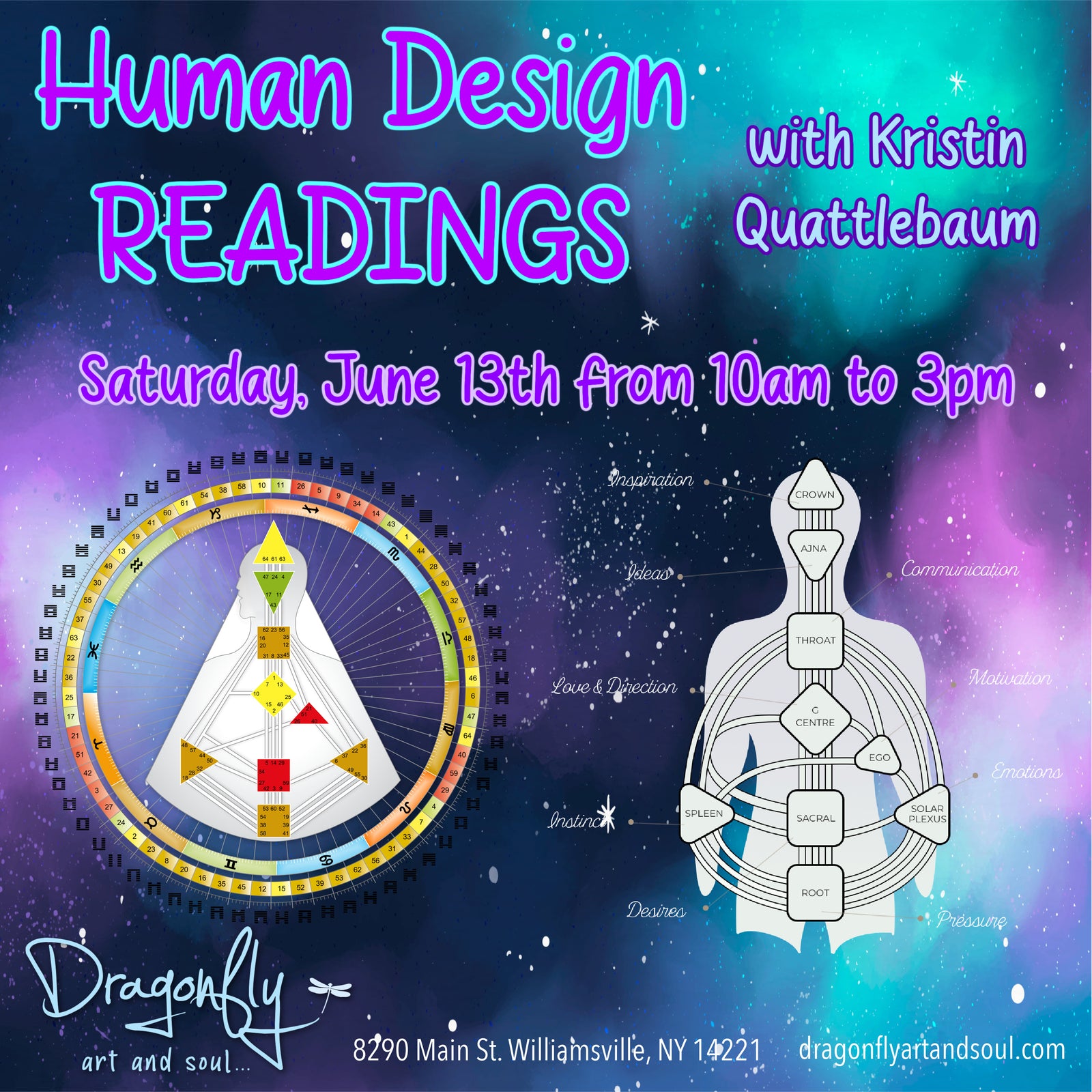 Promotional flyer for Human Design Readings with Kristin Quattlebaum, featuring astrological symbols and text on a cosmic background.