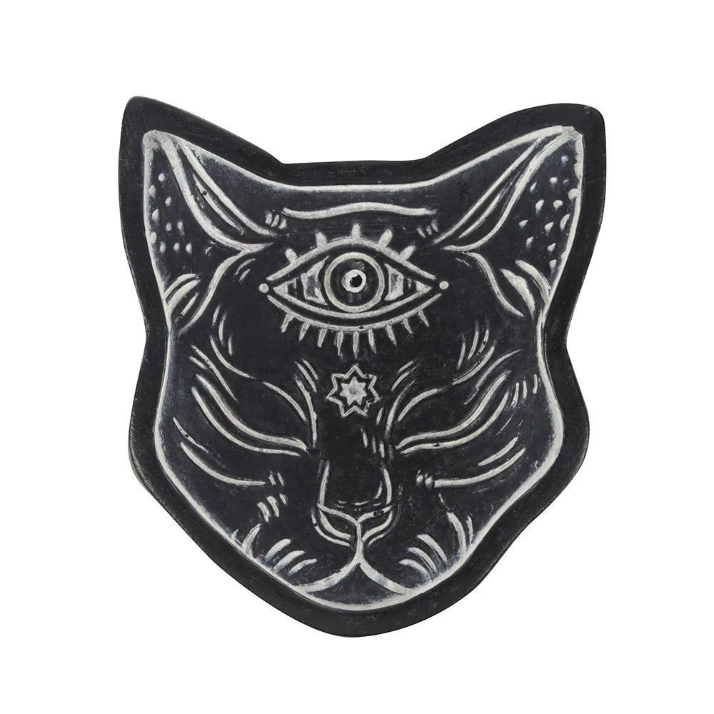 A set of eight Mystical Incense Burners with enchanting, mystical designs: a five-point star, a book with a pentagram, a triangle with an eye, a bat, a sleeping cat, a cat's head with an eye on its forehead, a cauldron with a pentagram, and a palmistry hand.