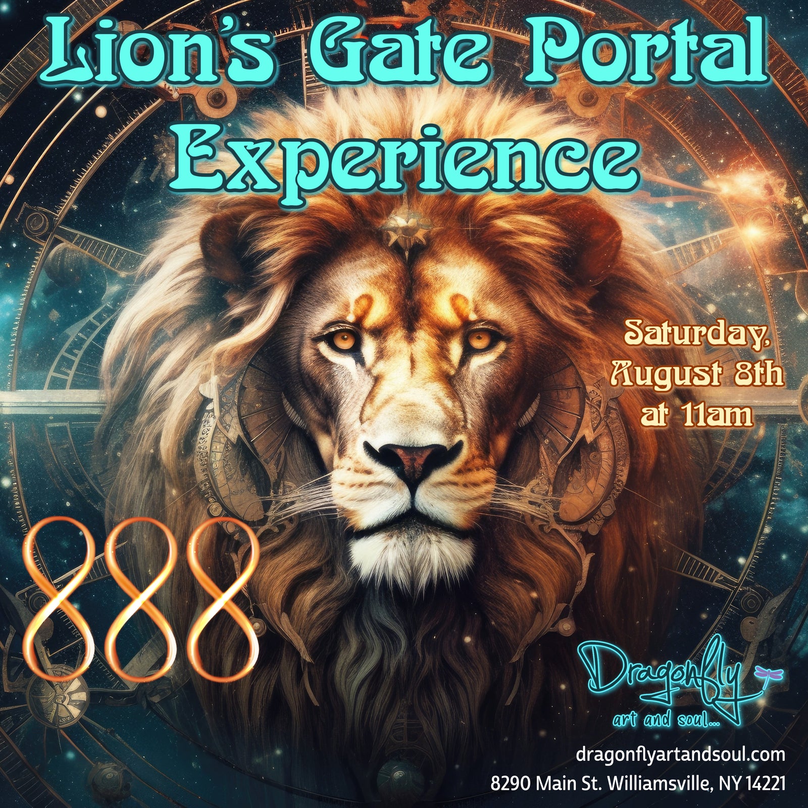 Promotional poster for 'Lion's Gate Portal Experience' featuring a lion's face with astrological symbols and event details.