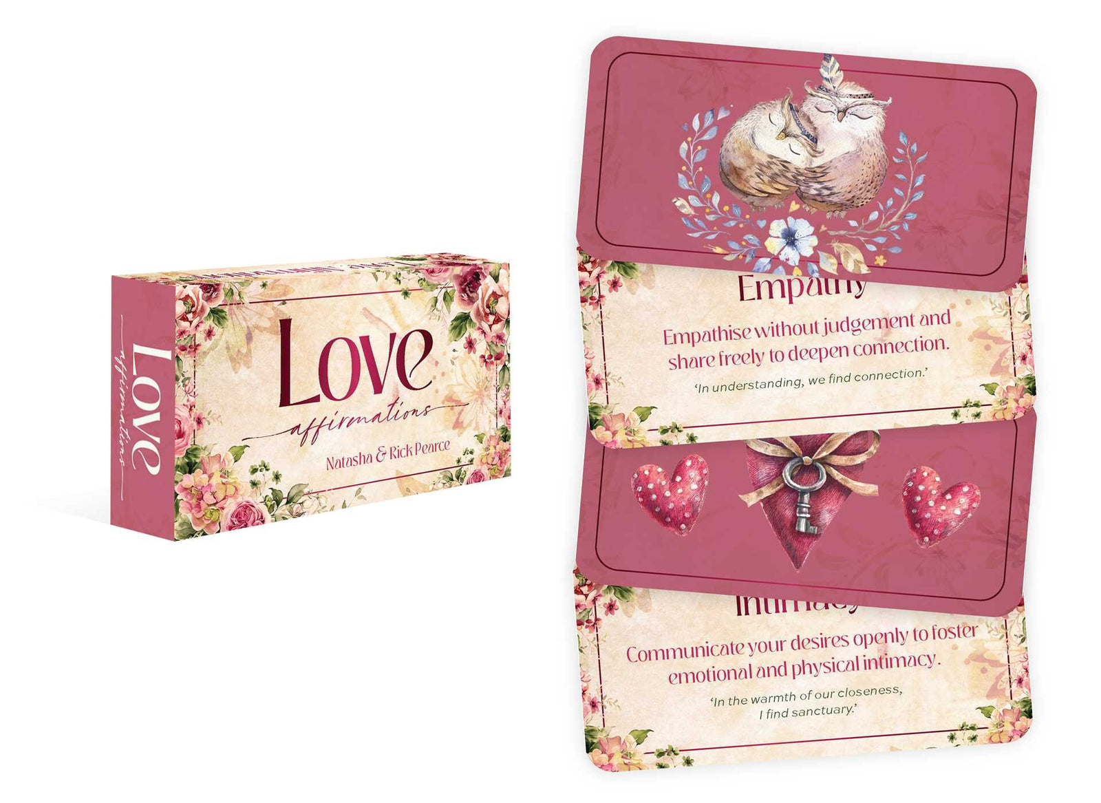 Box and cards from Love Affirmations by Natasha & Rick Pearce, featuring floral borders and words like “Empathy” and “Curiosity.”