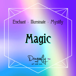 Purple to blue radiant label with “Magic,” and words Enchant, Illuminate, Mystify with Dragonfly logo