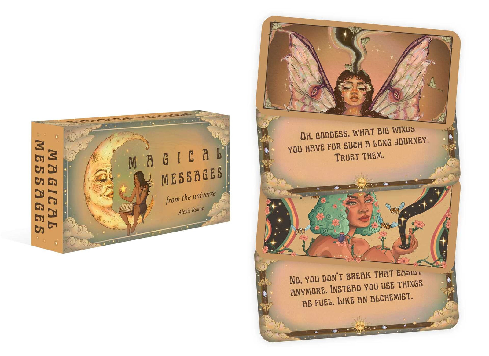 Magical Messages card deck by Alexis Rakun, with celestial and cosmic illustrations paired with uplifting spiritual affirmations.