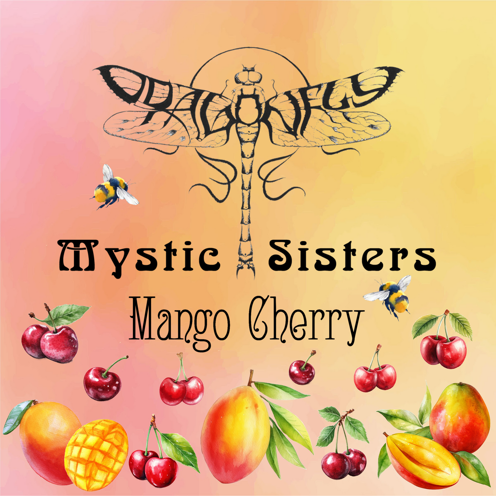 Mystic Sisters Mango Cherry tea label with a dragonfly, bees, and illustrations of mangoes and cherries on a soft pink and yellow gradient background.