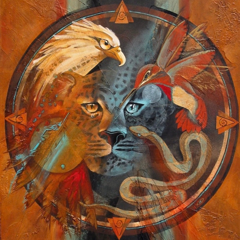 Painting of animals in circle, jaguar, eagle, snake, and humming bird. Using earth toned colors, orange, red, brown, grey blue, yellow.