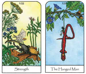 Two tarot cards titled 'Strength' and 'The Hanged Man' with nature-themed illustrations.