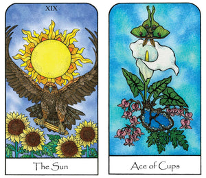 Two tarot cards titled 'The Sun' and 'Ace of Cups' with illustrations of an eagle, sunflowers, a moth, and flowers.