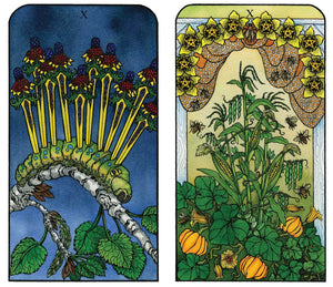 Two tarot cards with nature-themed designs, one featuring flowers and the other with plants and insects.