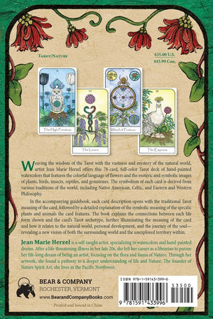 Back cover of a card deck featuring tarot cards and nature-themed illustrations with decorative elements.