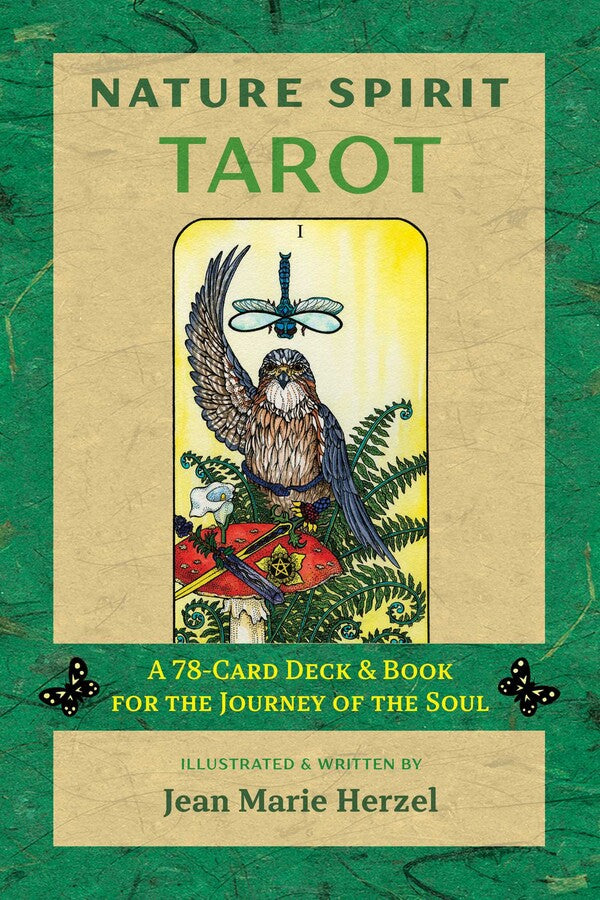 Book cover of 'Nature Spirit Tarot' with a tarot card design featuring an eagle and dragonfly on a green background.
