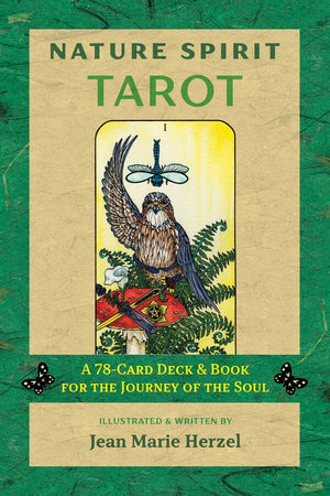 Book cover of 'Nature Spirit Tarot' with a tarot card design featuring an eagle and dragonfly on a green background.