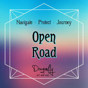 Blue and pink ombré background with “Open Road,” and Navigate, Protect, Journey plus Dragonfly logo.