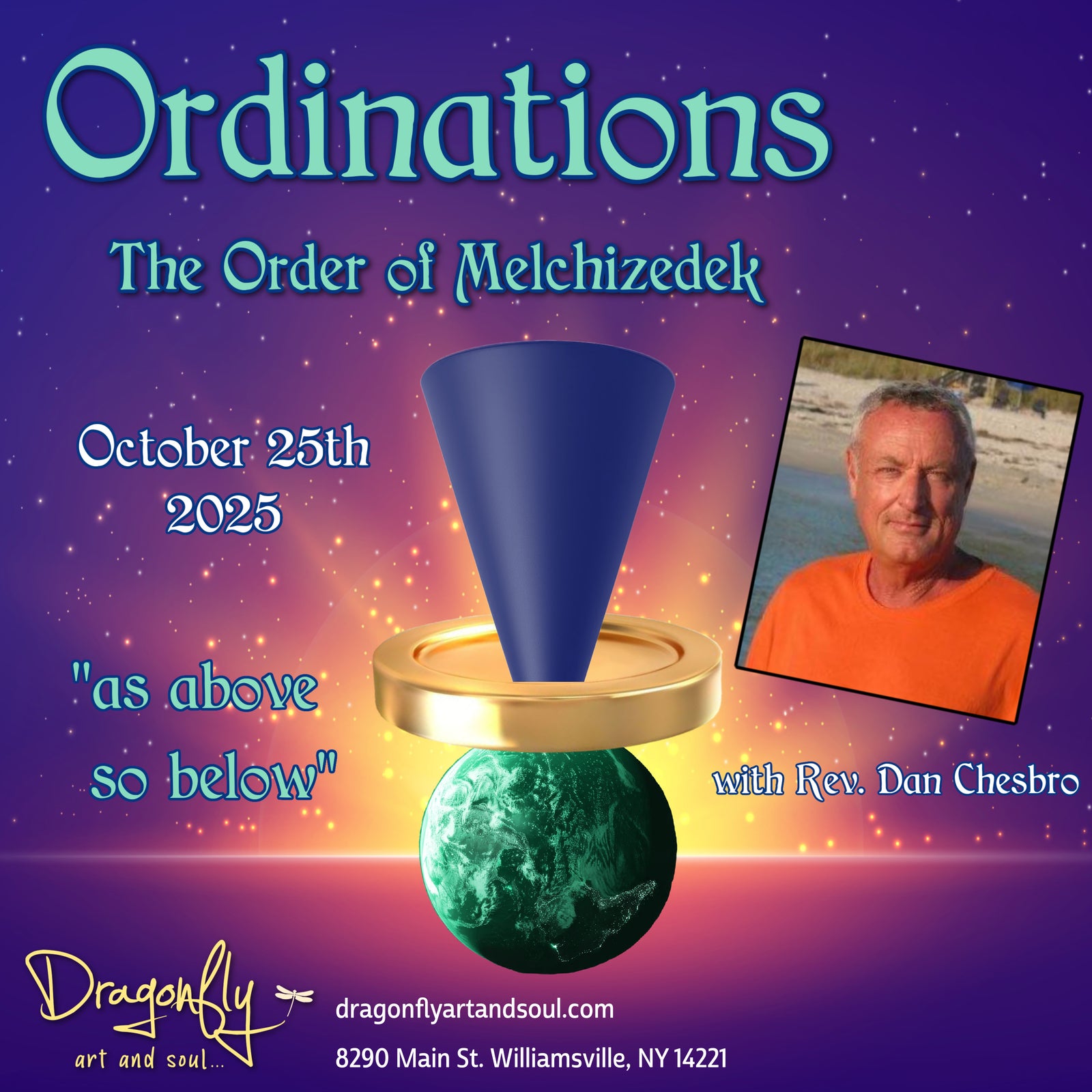 Promotional graphic for Ordinations of The Order of Melchizedek, featuring a photo of Reverand on an indigo, purple, and orange gradient background.