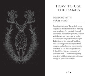 Oriens Animal Tarot Pocket Edition
guidebook sample page - "HOW TO USE THE CARDS
BONDING WITH YOUR TAROT
Bonding with your Tarot deck is an important step to take before starting your readings. As you look through your deck, notice how pictures, colours and themes are conveyed in order to communicate profound messages..."