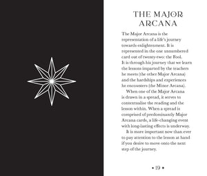 Oriens Animal Tarot Pocket Edition
guidebook sample page - "THE MAJOR ARCANA
The Major Arcana is the representation of a life's journey towards enlightenment. It is represented in the one unnumbered card out of twenty-two: the Fool..."