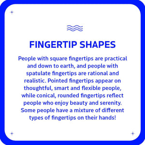 FINGERTIP SHAPES:
People with square fingertips are practical and down to earth, and people with spatulate fingertips are rational and realistic. Pointed fingertips appear on thoughtful, smart and flexible people, while conical, rounded fingertips reflect people who enjoy beauty and serenity.
Some people have a mixture of different types of fingertips on their hands!