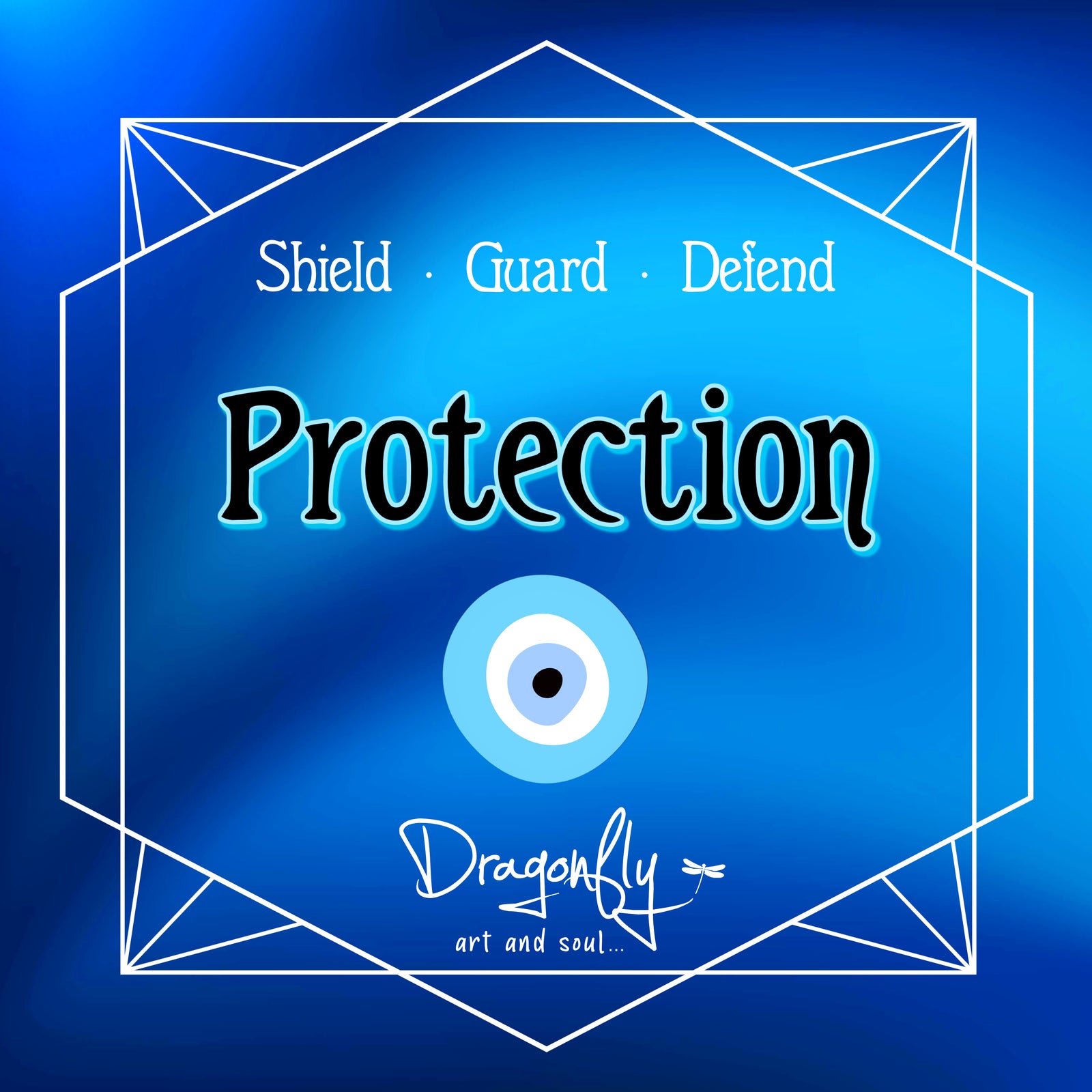 Bold blue background with “Protection” and eye symbol, plus Shield, Guard, Defend and Dragonfly logo.