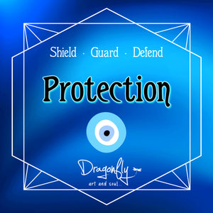 Bold blue background with “Protection” and eye symbol, plus Shield, Guard, Defend and Dragonfly logo.