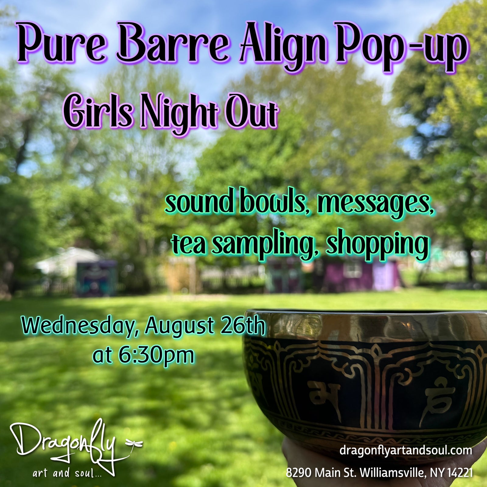 Promotional flyer for a 'Pure Barre Align Pop-up Girls Night Out' event with a sound bowl in a outdoor setting