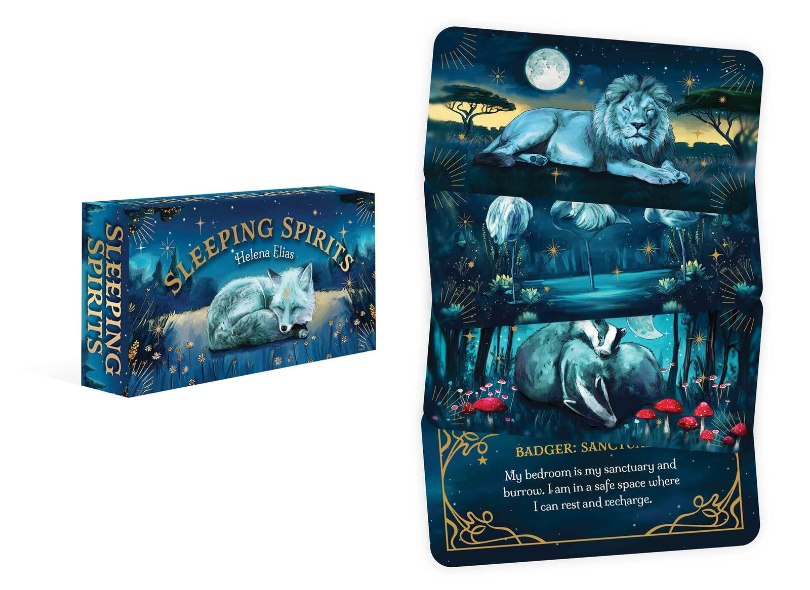 Set of 'Sleeping Spirits' cards with animal illustrations and packaging on a white background