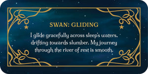 Decorative card with text about a swan gliding on water, framed by gold decorative elements on a dark blue background.