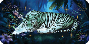 White tiger lying on a dark blue background with plants and stars