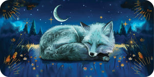 Sleeping fox in a nighttime forest with stars and moon