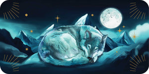 Sleeping wolf in a mountainous landscape with a full moon and stars.