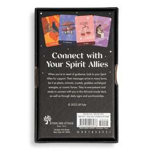 Back of an oracle card packaging with text and illustrations on a white background