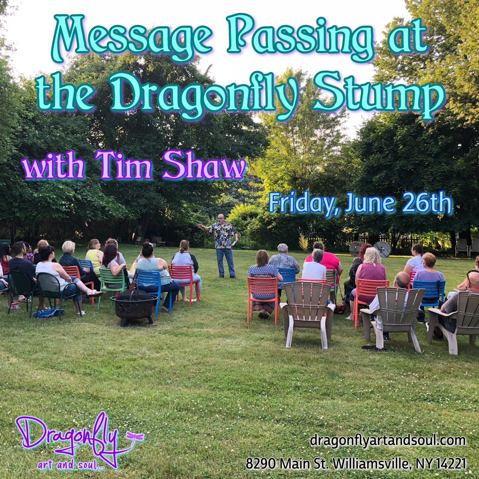 Outdoor event with people seated on chairs facing a speaker, with text overlay about an event with Tim Shaw.