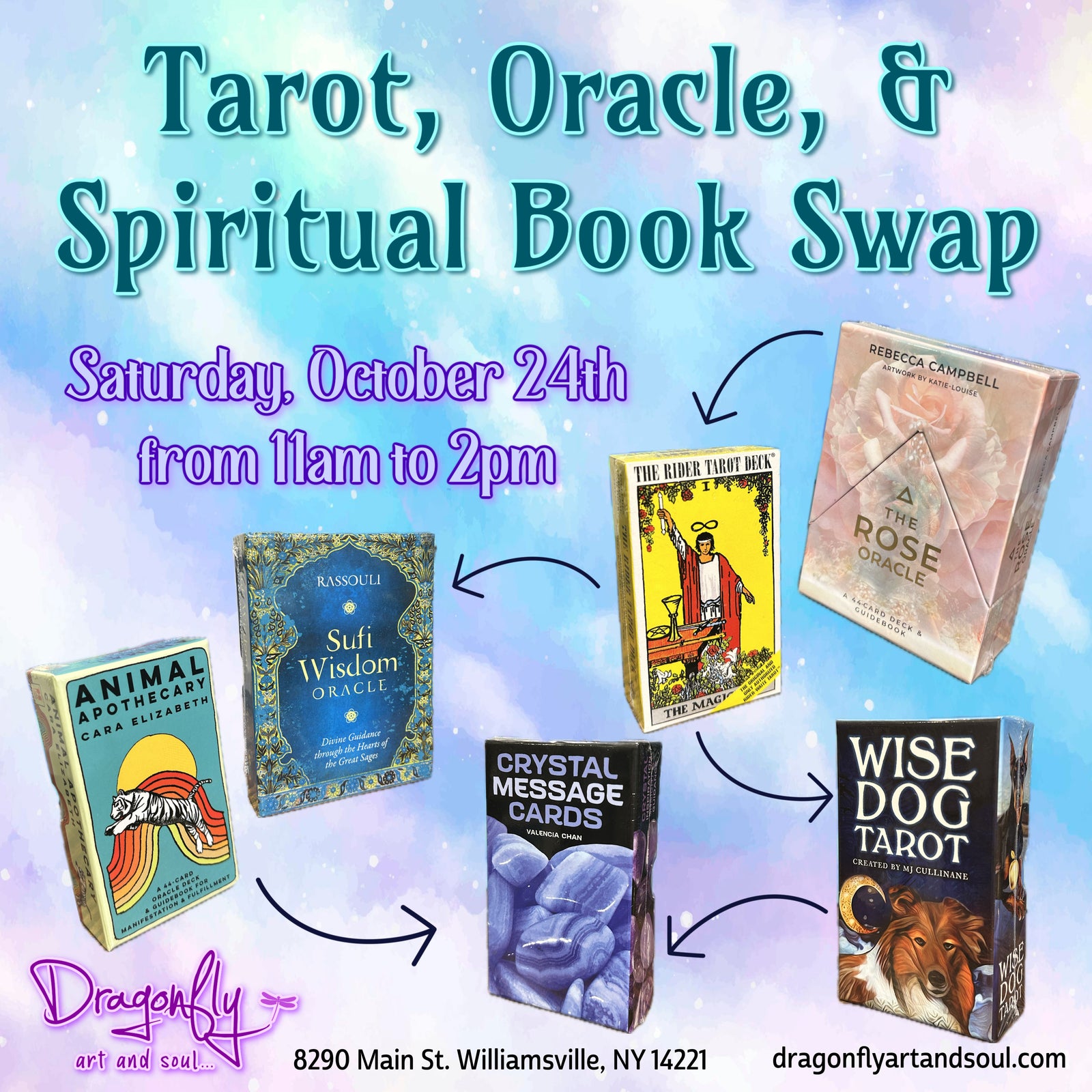 Flyer for a 'Tarot, Oracle & Spiritual Book Swap' event. Features different tarot and oracle card  against a pastel blue and purple gradient background