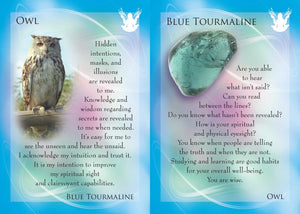 Blue Tourmaline card with owl imagery and text on a blue background