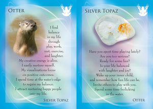 front and back of card featuring an otter and a silver topaz stone with inspirational text on a blue background.