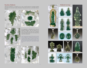 The Book of Moldavite sample page talking about deeply sculpted moldavite with pictures of said moldavite and moldavite carvings on next page.